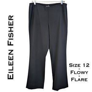 Eileen Fisher Dress Pants 12 Black Flowy Flared Mid Rise Career Side Zip